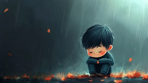 Quiet little dreamer curls up in gentle autumn rain