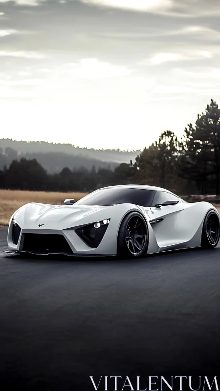 White futuristic supercar parked on open country road.