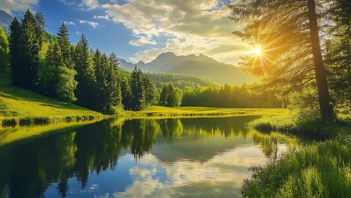 Mountain lake sunset with evergreen forest reflections.
