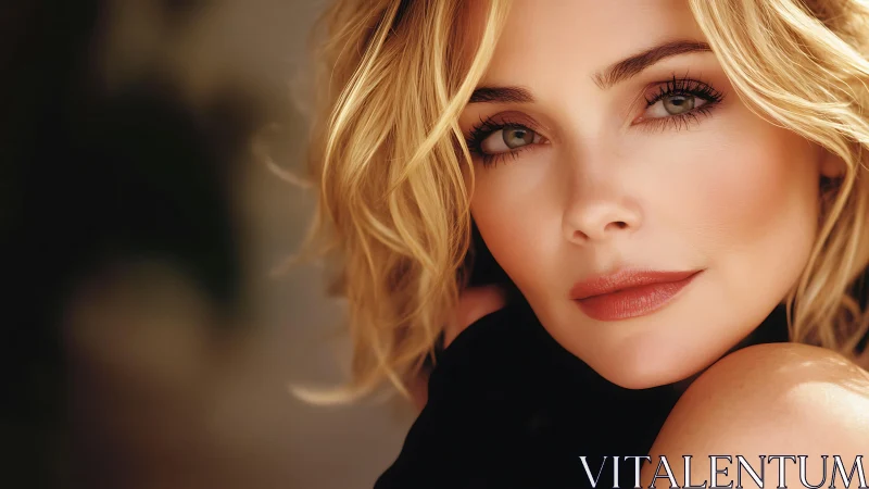 Close portrait of blonde woman with soft neutral lighting.