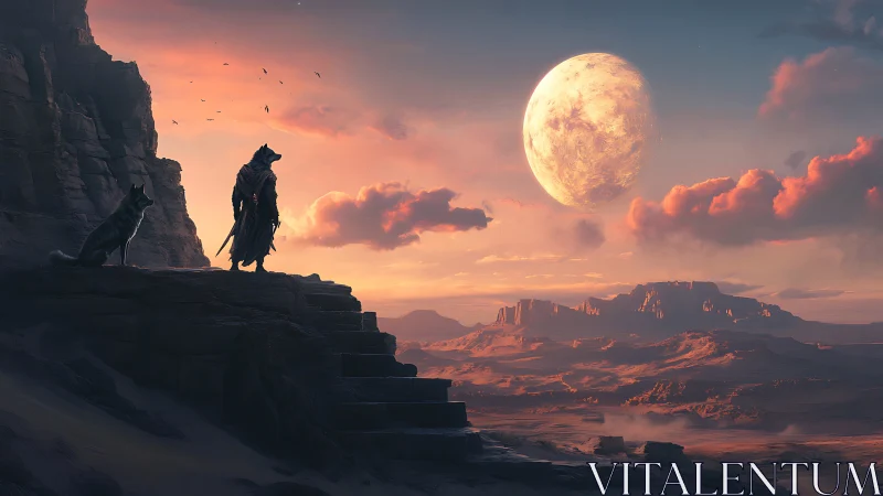 Wolf-headed warrior overlooks desert plateau under massive moon