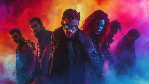 Armed squad posed in neon smoke with intense colored light.