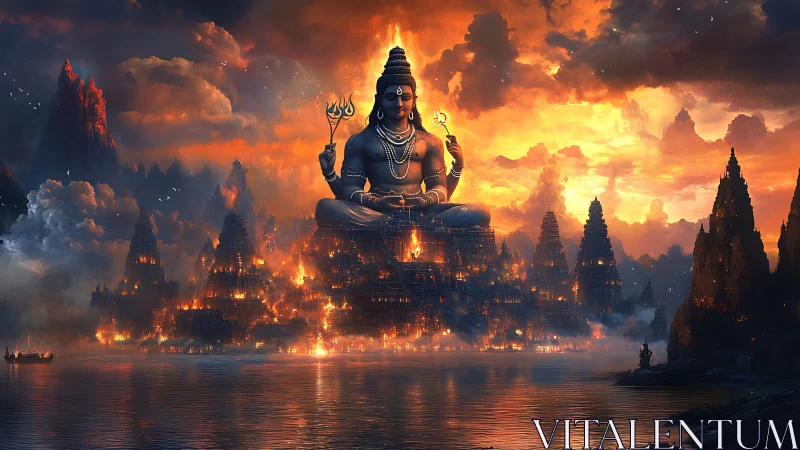 Colossal divine statue over burning temple city at dusk.