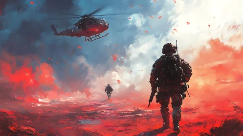 Soldier walks toward helicopter through red battlefield haze