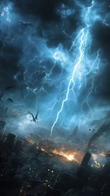 Catastrophic lightning storm over burning futuristic city.