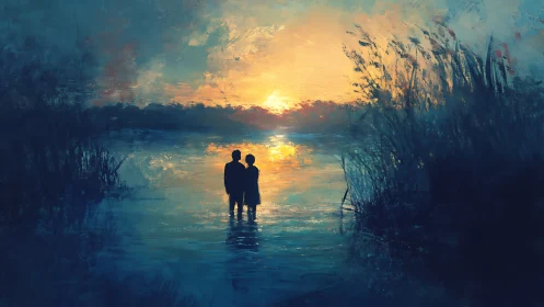 Two figures stand in water beneath architectural overhang at sunset