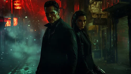 Grim neon hunters prowl a rain-drowned cyber alleyway.