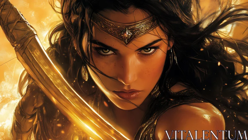 Fierce desert warrior glows in a storm of molten gold.