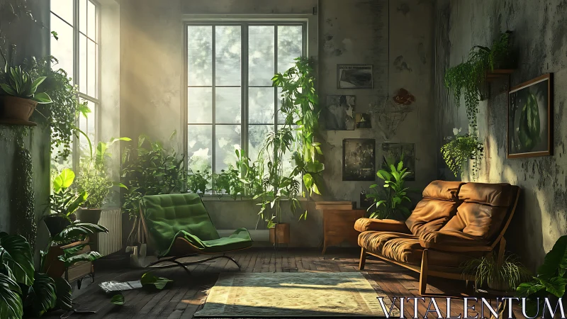 Sunlit jungle lounge cradling vintage chairs and wild vines.