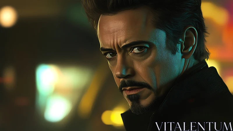 Intense digital portrait of stern man in neon lighting.