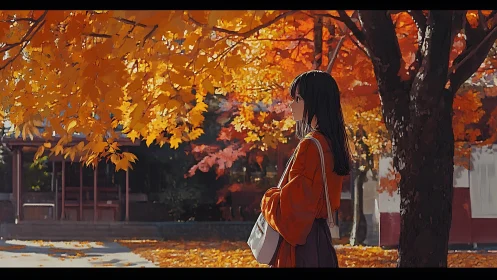 Autumn shrine daydream with a quiet girl in maple firelight.
