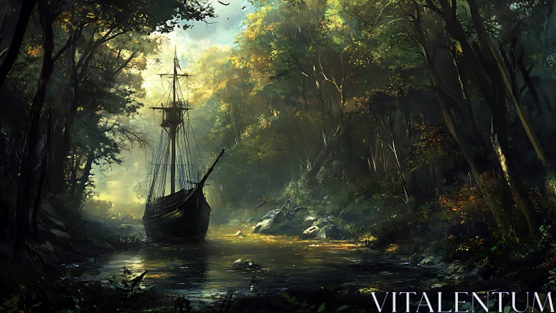 Sailing vessel anchored in densely forested waterway.