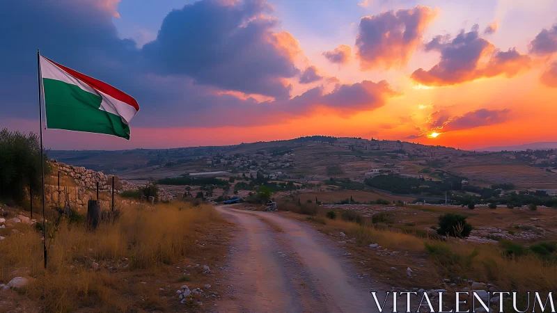 Sunset road winds through rural hills beneath a proud flag