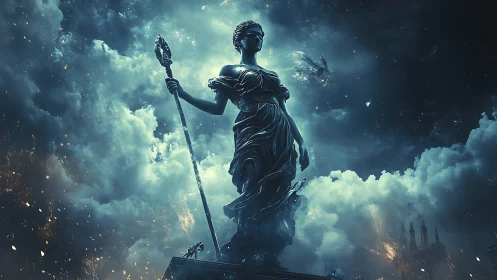 Majestic celestial goddess standing guard in stormy skies.