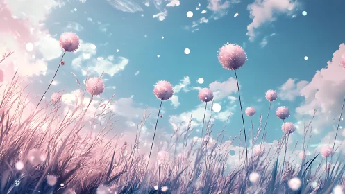 Pastel meadow with spherical flowers under blue daylight sky.