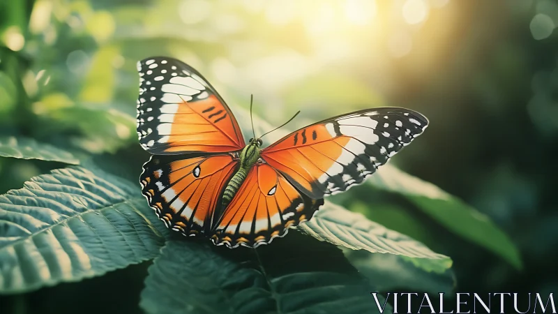 Photorealistic monarch butterfly on leaf in backlit garden scene.