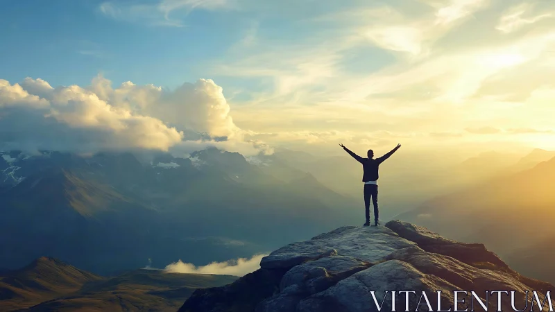 Backlit mountaintop silhouette under volumetric sunrise sky.