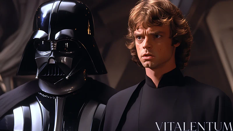 Iconic masked villain and determined hero sharing tense moment.