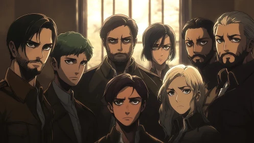 Anime ensemble portrait under backlit architectural window.