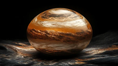 Golden gas giant sphere rests on luminous alien terrain