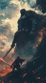 Giant armored warlord confronts lone sword fighter on cliff