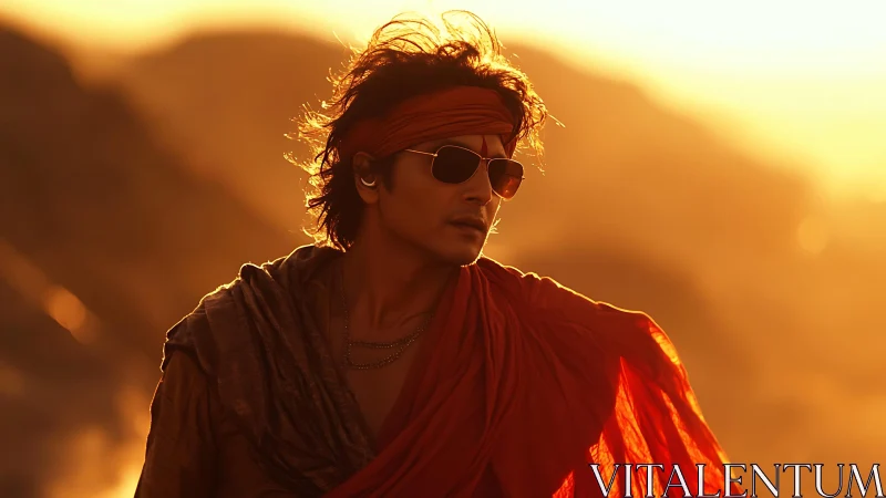 Sunlit wanderer in desert robes enjoys a glowing horizon