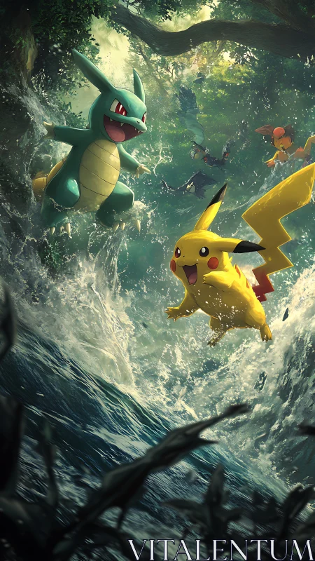Pikachu and Totodile surge through roaring jungle river.