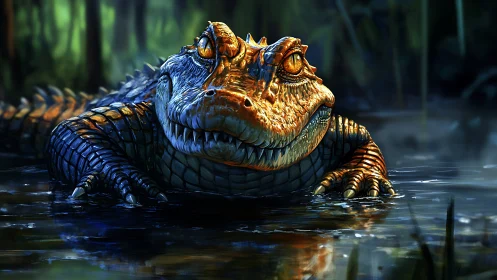 Iridescent alligator surfaces in misty blue swamp water.