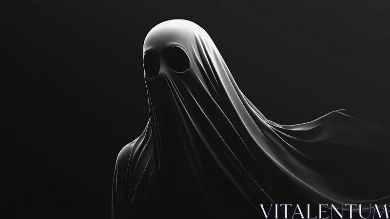 Shrouded ghostly figure emerges from darkness in silky shadows