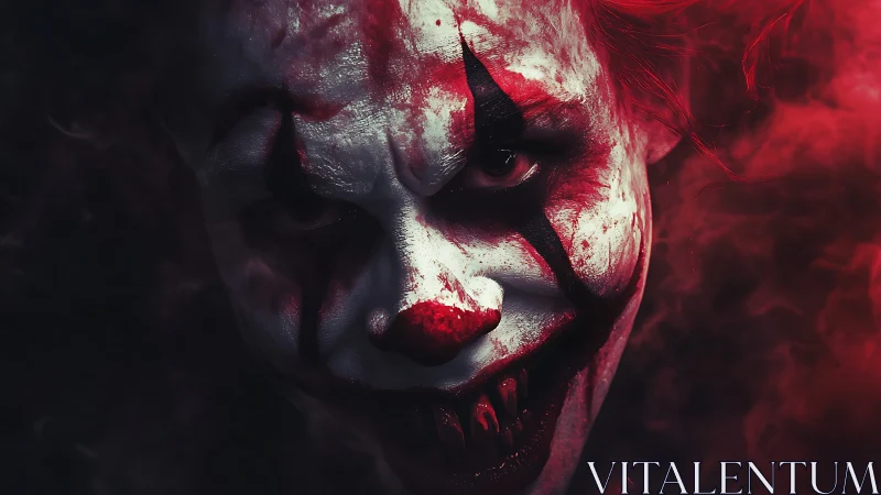 Bloodlit carnival nightmare grins through creeping red smoke