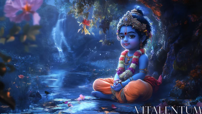 Moonlit blue child deity rests by a shimmering forest stream.