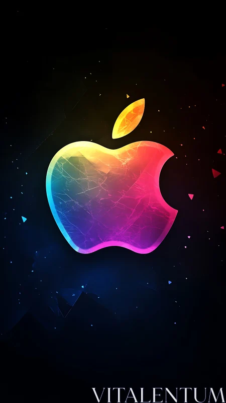 Multicolor apple-shaped logo on dark abstract gradient field.