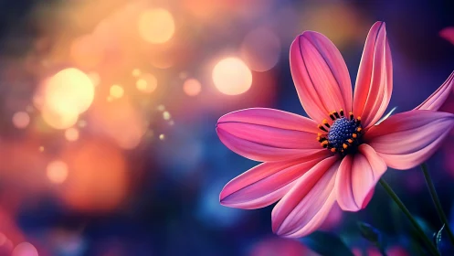Pink Cosmos Flower Blooms Against Bokeh Sunset Lights