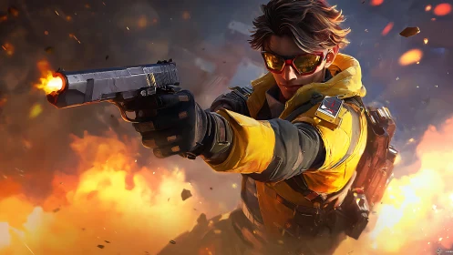 Armored agent fires through explosions in a blazing standoff