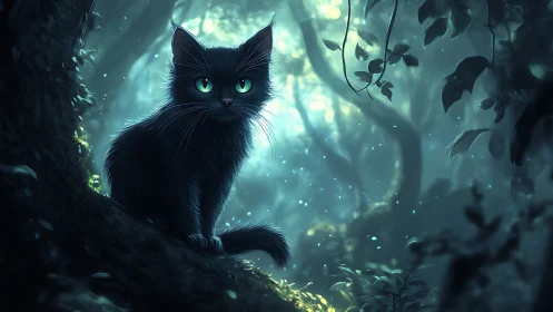 Mystical Black Cat with Luminous Eyes in Enchanted Forest.