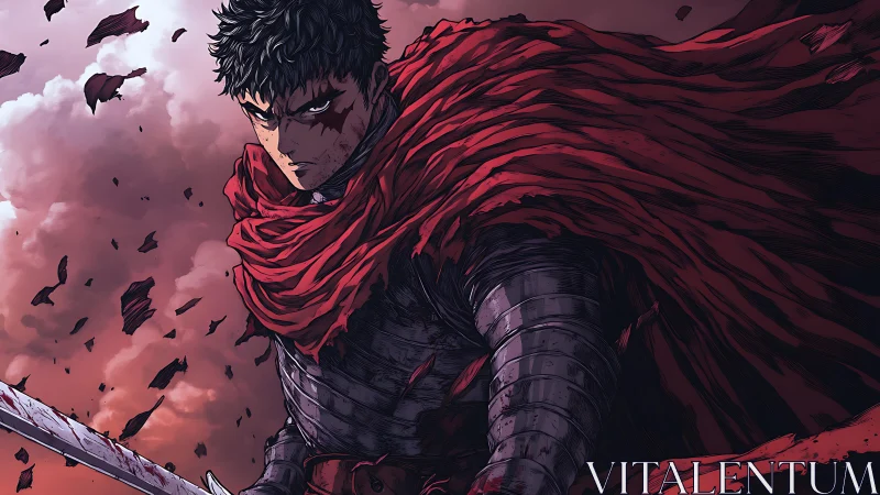 Brooding anime warrior in tattered red cloak at dusk.