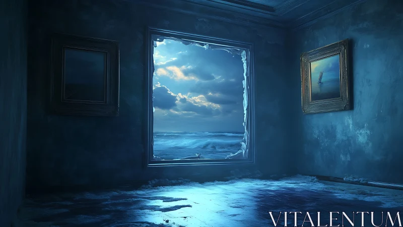 Ocean tide floods a dim blue gallery with dreamlike light
