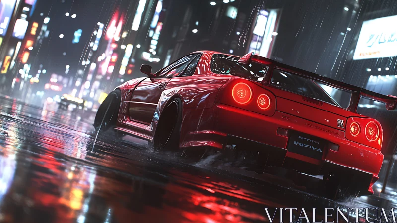 Red sports car accelerates through wet neon city street at night