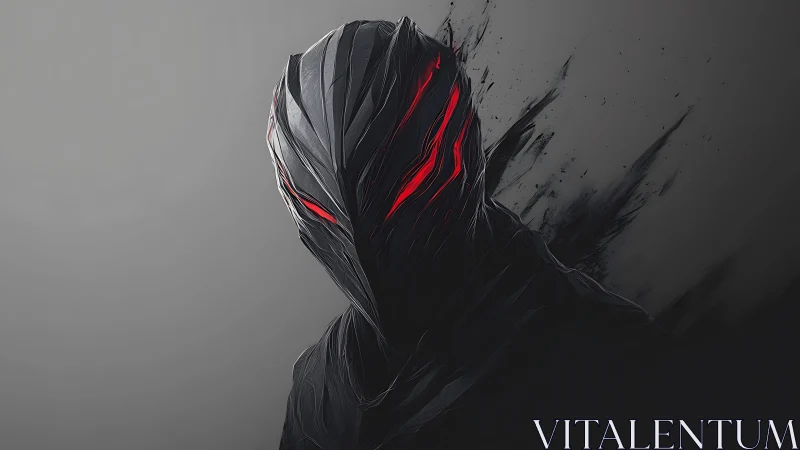 Hooded dark figure with red glowing eye slits faces viewer