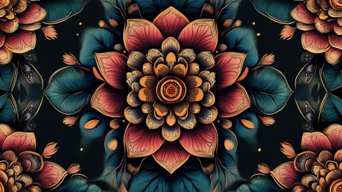 Symmetrical digital lotus mandala renders ornate floral depth