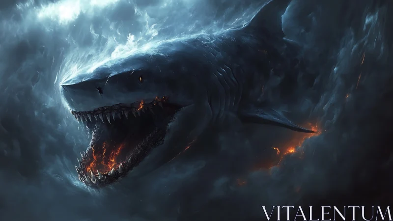 Volcanic abyssal shark emerging through storm-torn darkness