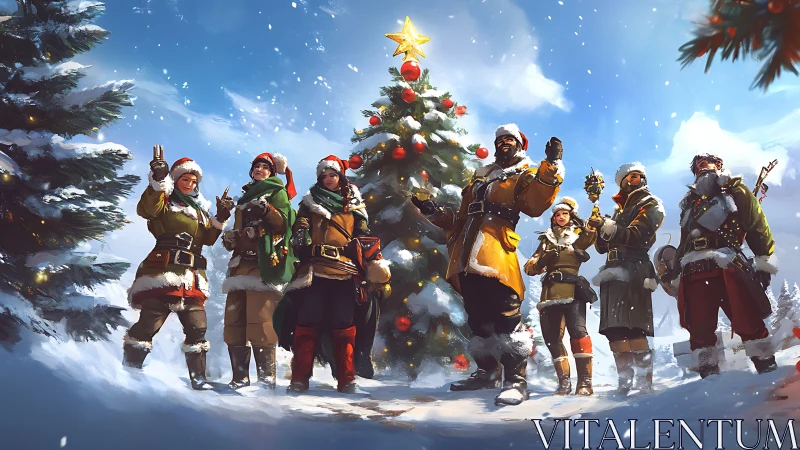 Winter battle choir guards a festive frontline pine.