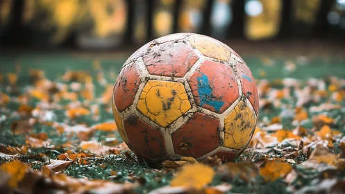 Weathered autumn soccer ball resting on a leafy field.