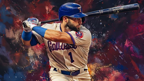 Baseball batter in swing stance over bold abstract colors.