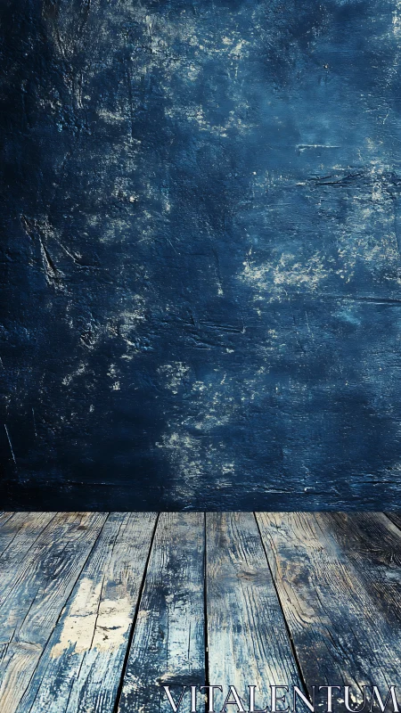 Weathered blue studio wall with rustic wooden floor.