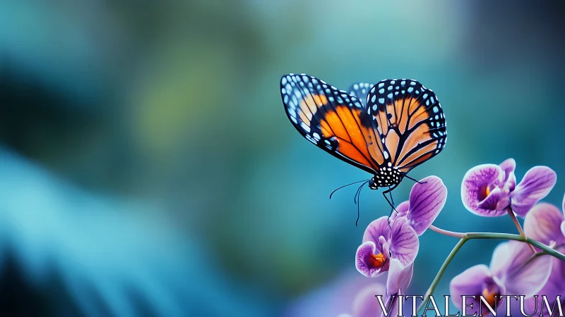 Monarch wings trade secrets with dew-kissed orchid blooms