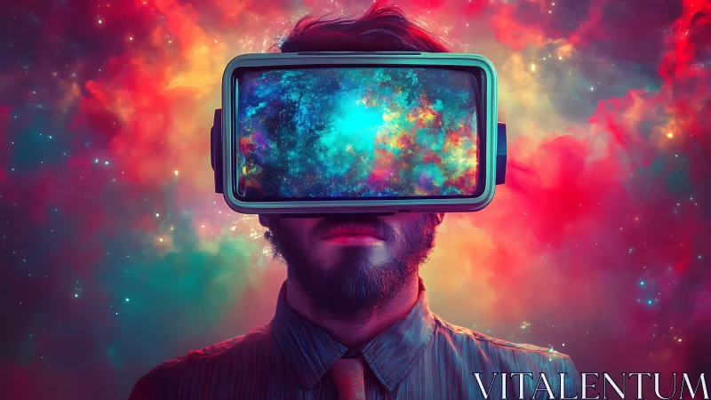Man wears VR headset displaying nebula against cosmic cloud