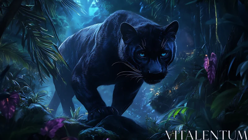 Black Panther in Luminous Jungle. Digital Art.