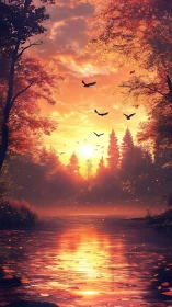 Crimson river sunset where autumn sky learns to glow.