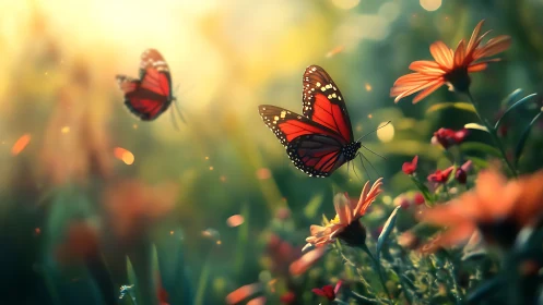 Monarch butterflies hover over sunlit orange wildflowers at dawn
